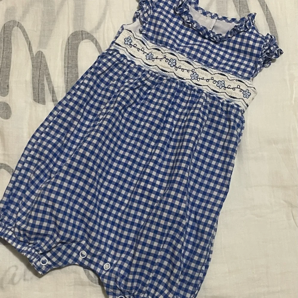 Bonnie Baby Blue Checkered Bodysuit with Floral Embroidery